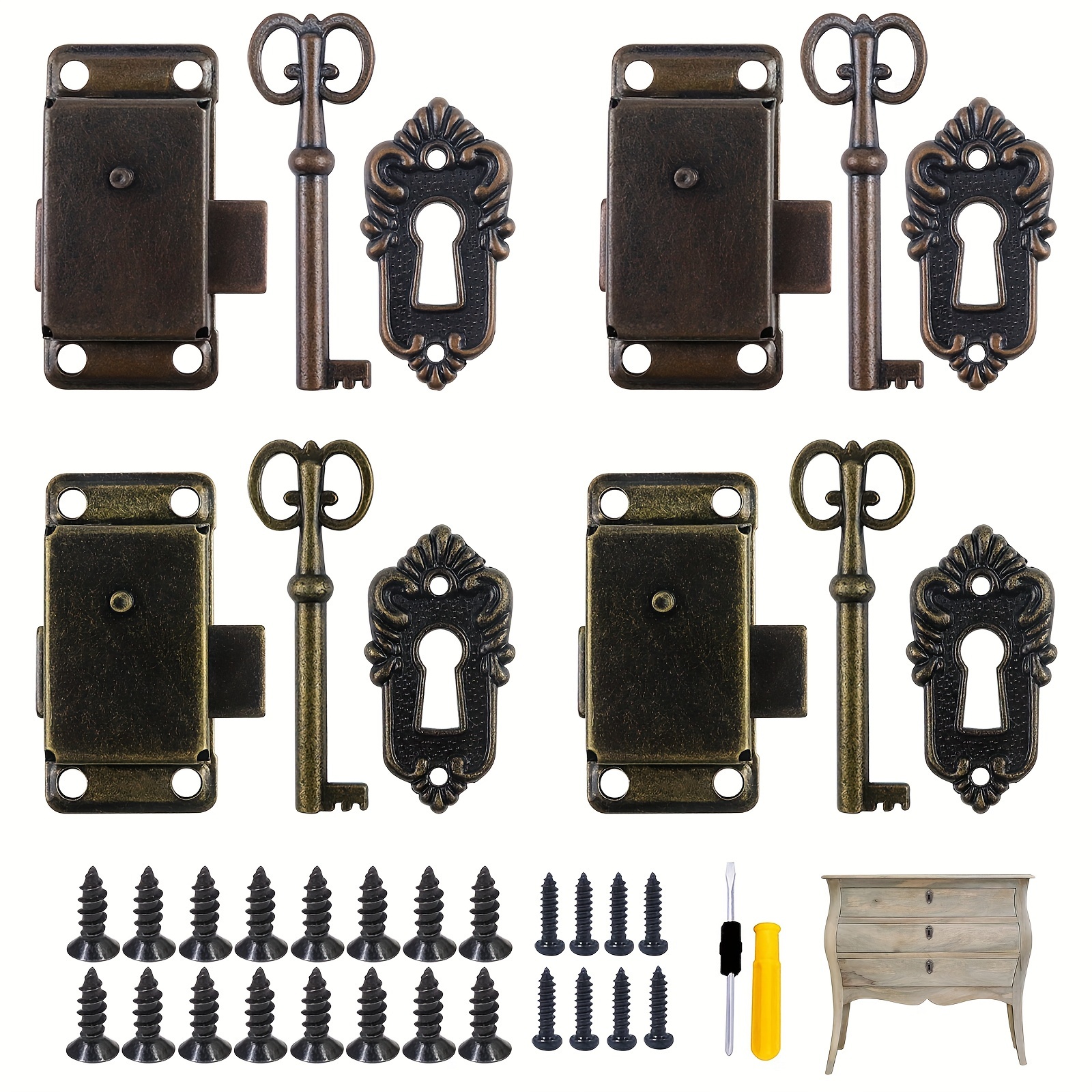 Image of 4 Furniture Locks Suitable For Mailboxes, Wardrobes, Cabinets, And Storage Lockers, Including Keys, Screws, And A Screwdriver