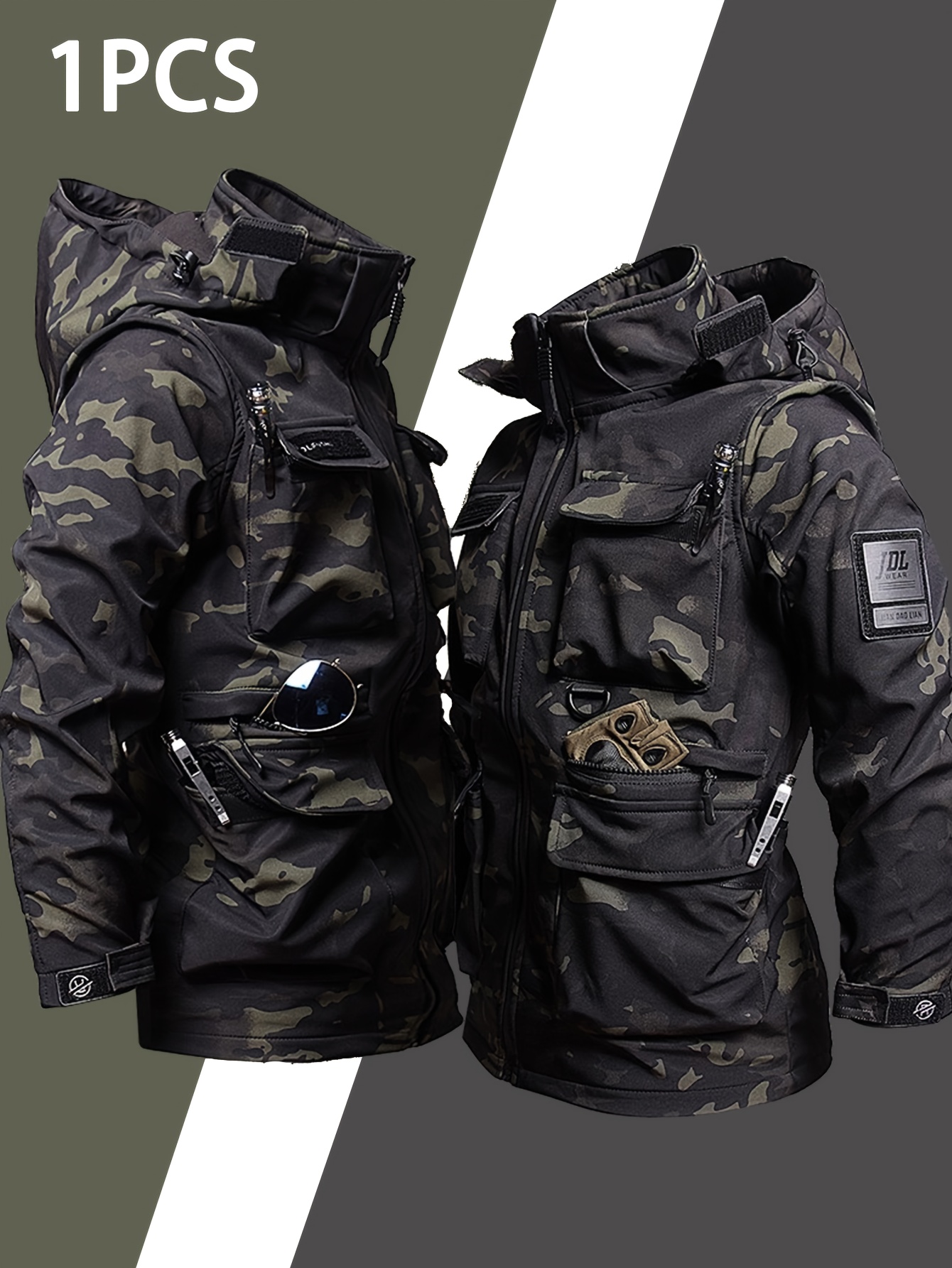 Men's casual jacket workwear hooded multi pocket fleece jacket, autumn and winter jacket, warm zipper outdoor jacket