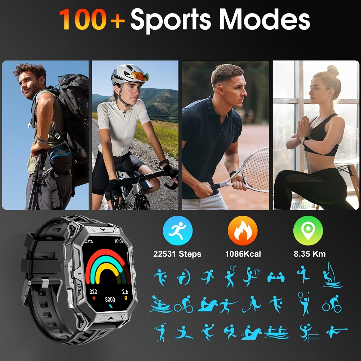 Montre connectée LIGE pour homme, IPX8, écran AMOLED 2,13 pouces, 100+ modes sport, appel sans fil, affichage météo, batterie 850 mAh, 100 jours d'autonomie, montre de sport pour iPhone et Android, noir/gris, cadeaux de la Saint-Valentin