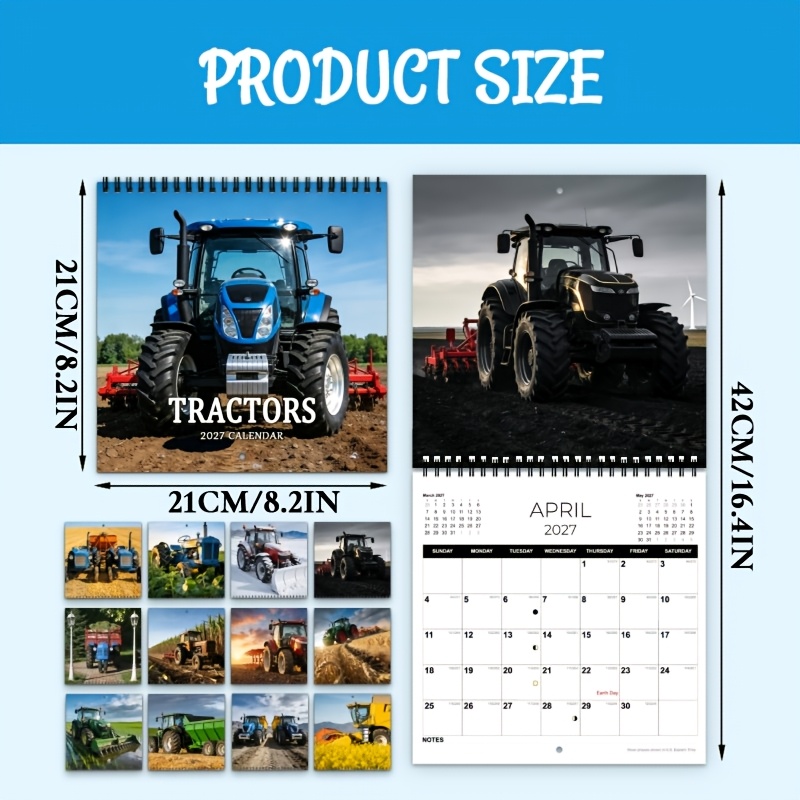TEMU Agenda Calendrier Pliant Design Esthétique Tracteurs 2027, Disposition Grande Grille Carrée 12 Mois, Photos & Fermeture Mensuelles, Cadeau Idéal