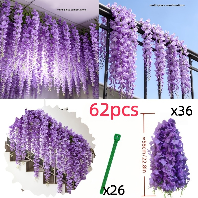 TEMU 62pcs Artificial Faux Purple Wisteria Flower Vine Decor - Spring/summer Artificial Wedding Arrangement, Durable Plastic Flowers Suitable For