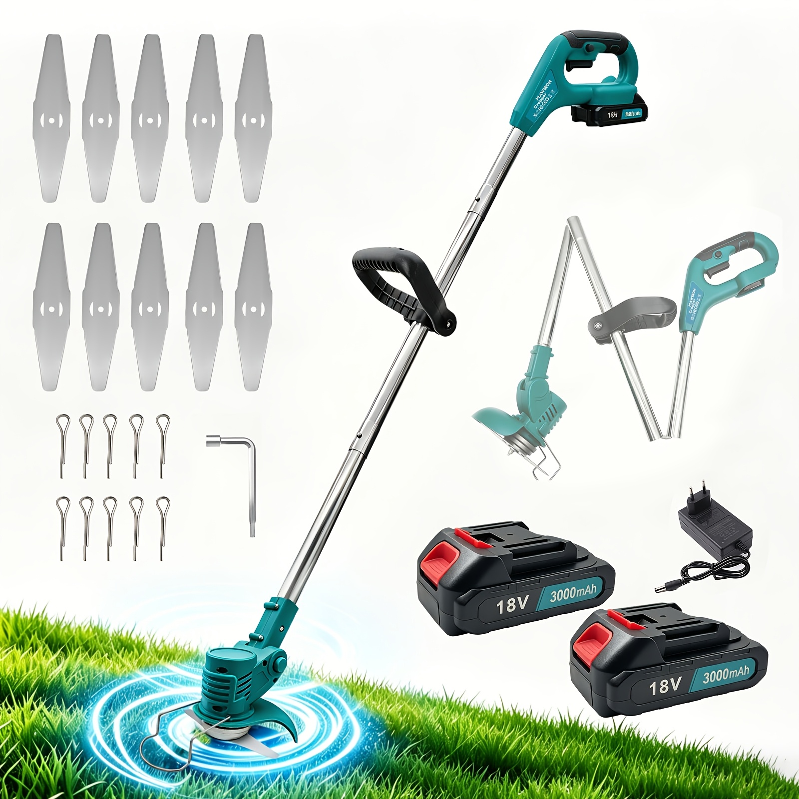 Image of Cordless String Trimmer, 18v Electric Portable Garden Trimmer With 2 X 3.0ah Batteries, Lightweight And Foldable, 20pcs Additions, 300w Battery Garden Edging Cutter For Lawn Edger Pruning Weed