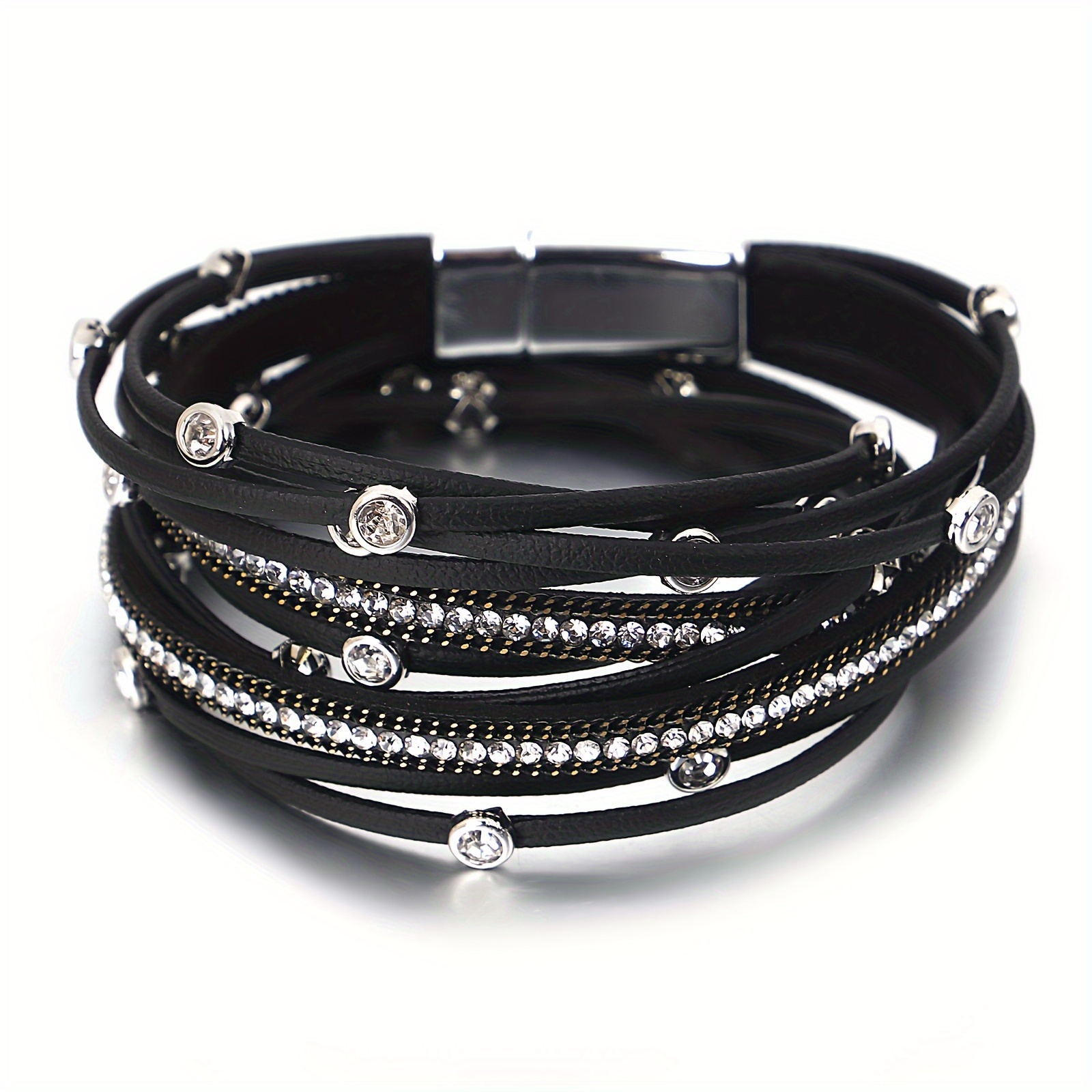 E-shop Herbst Winter Mode Mehrschichtiges Kunstleder Armband für Herren Damen, Stilvolles Design Doppeltes Wickel Armband mit Strasssteinen, Party
