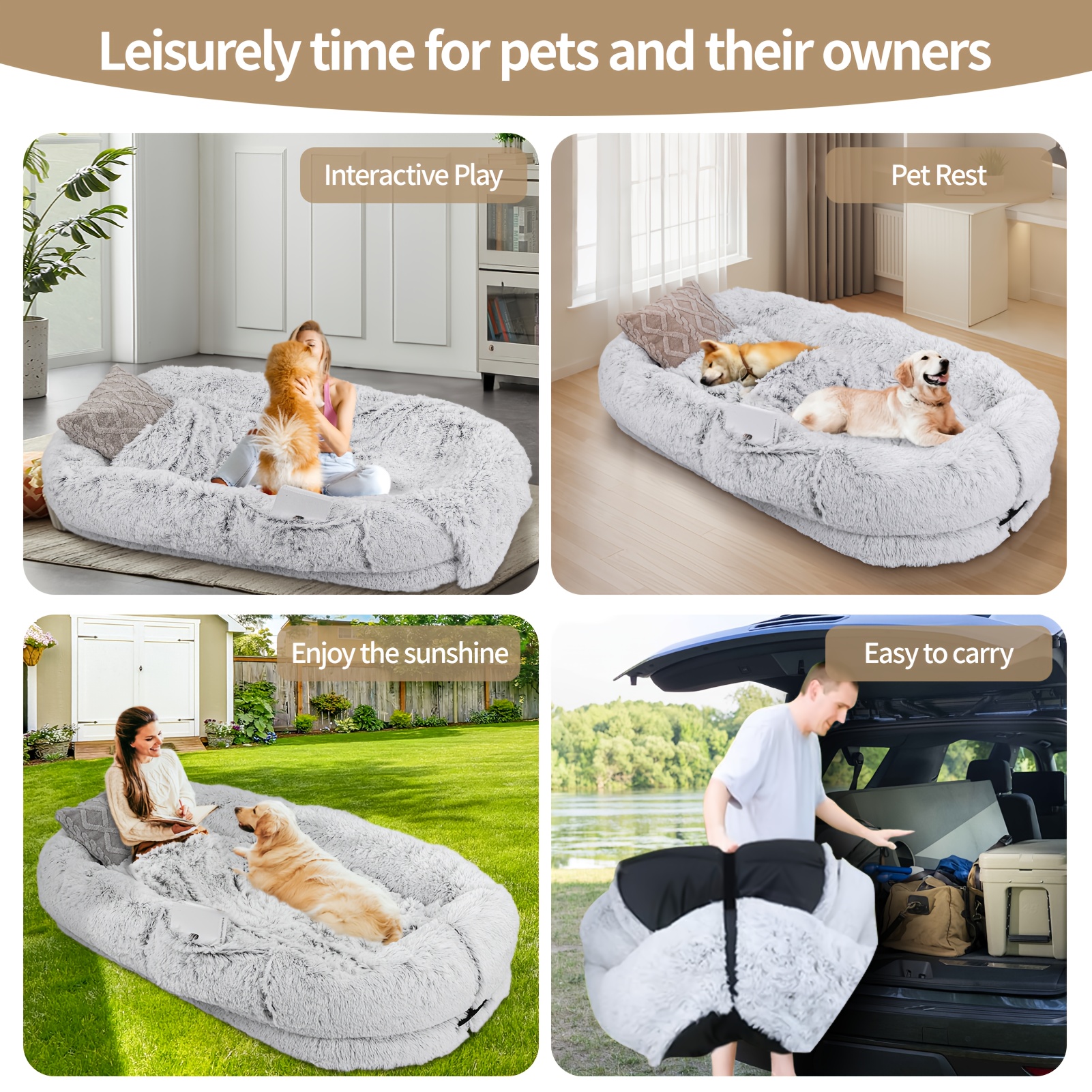 71 x45 x12 orthopedic dog bed for humans & pets - washable   fur oval pet bed with plush pillow & strap, no assembly needed, durable polyester, gray - medium dogs, cozy nap & resting spot, pet bed for dogs,   decor, elegant pet accessory, soft texture surface Product details 3