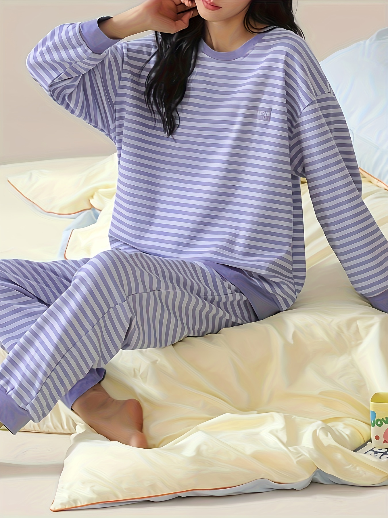 3 Piece Striped Pajamas Set, Long Sleeve Robe + Camisole Top + Lounge  Pants, Women's Loungewear & Sleepwear