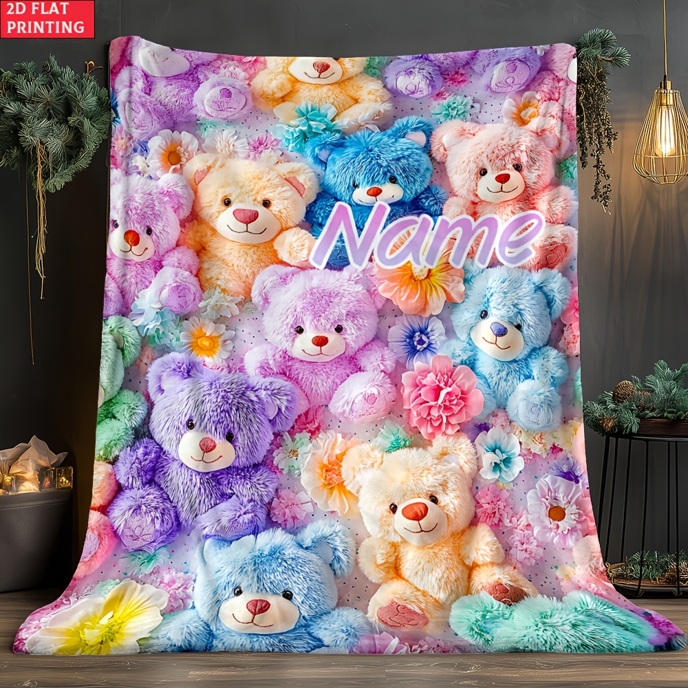 TEMU 2d Plane Customized Name Colorful Teddy Bear Blanket - Lightweight Home Decor Bedding, Suitable For Sofas, Beds, Travel Camping, Living Room