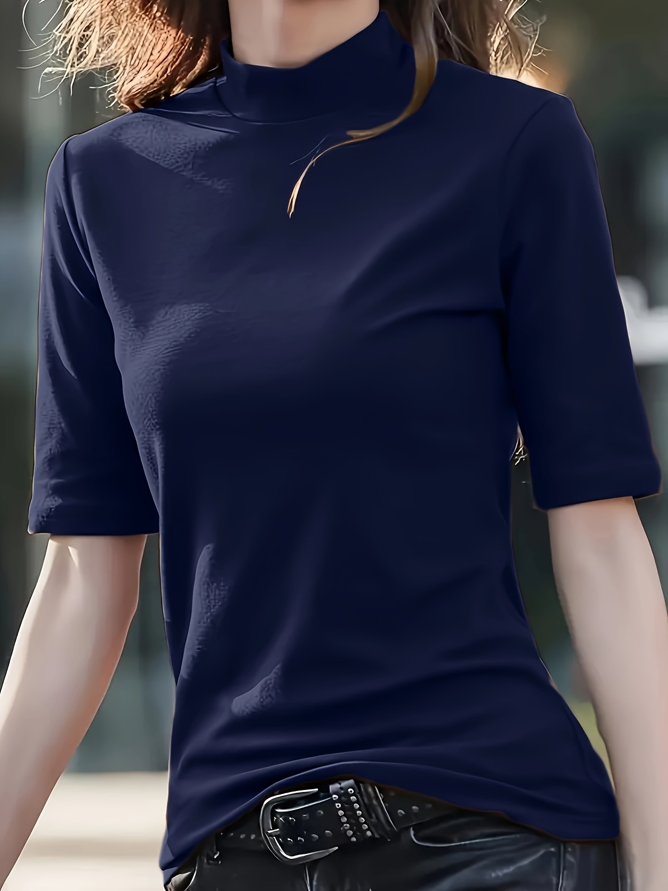 Women's Casual Stretch T-Shirt - Vibrant Green Solid Color, Stand-Up Collar, High Elasticity, Machine Washable, All-Season Comfort Fit, Cute T Shirts, Versatile Clothing, Pearl Necklace Accent