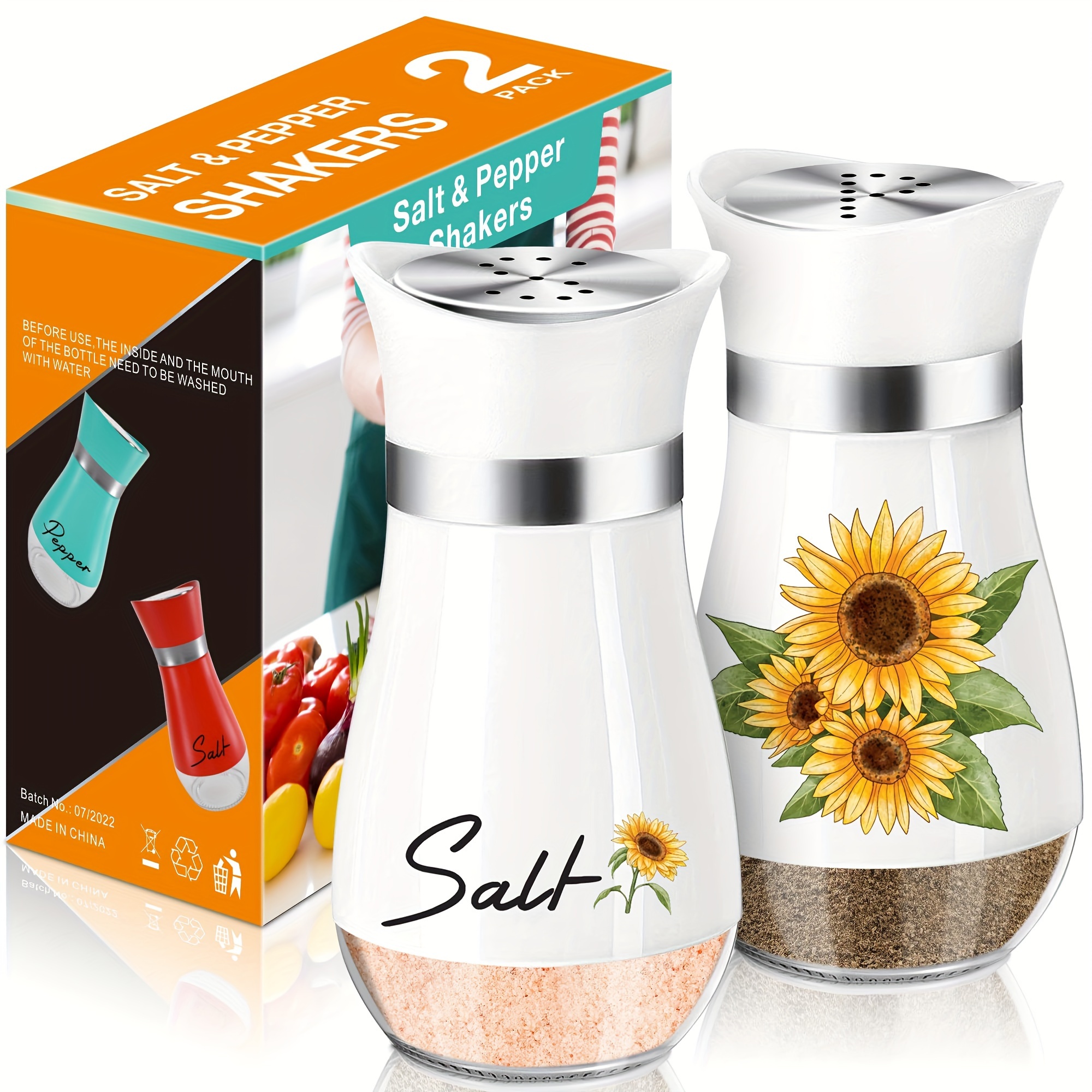 TEMU Sunflower Glass Salt & Pepper Shakers Set - 4oz, Farmhouse Kitchen Decor, Ideal Housewarming Or Holiday Gift, Kingdalux