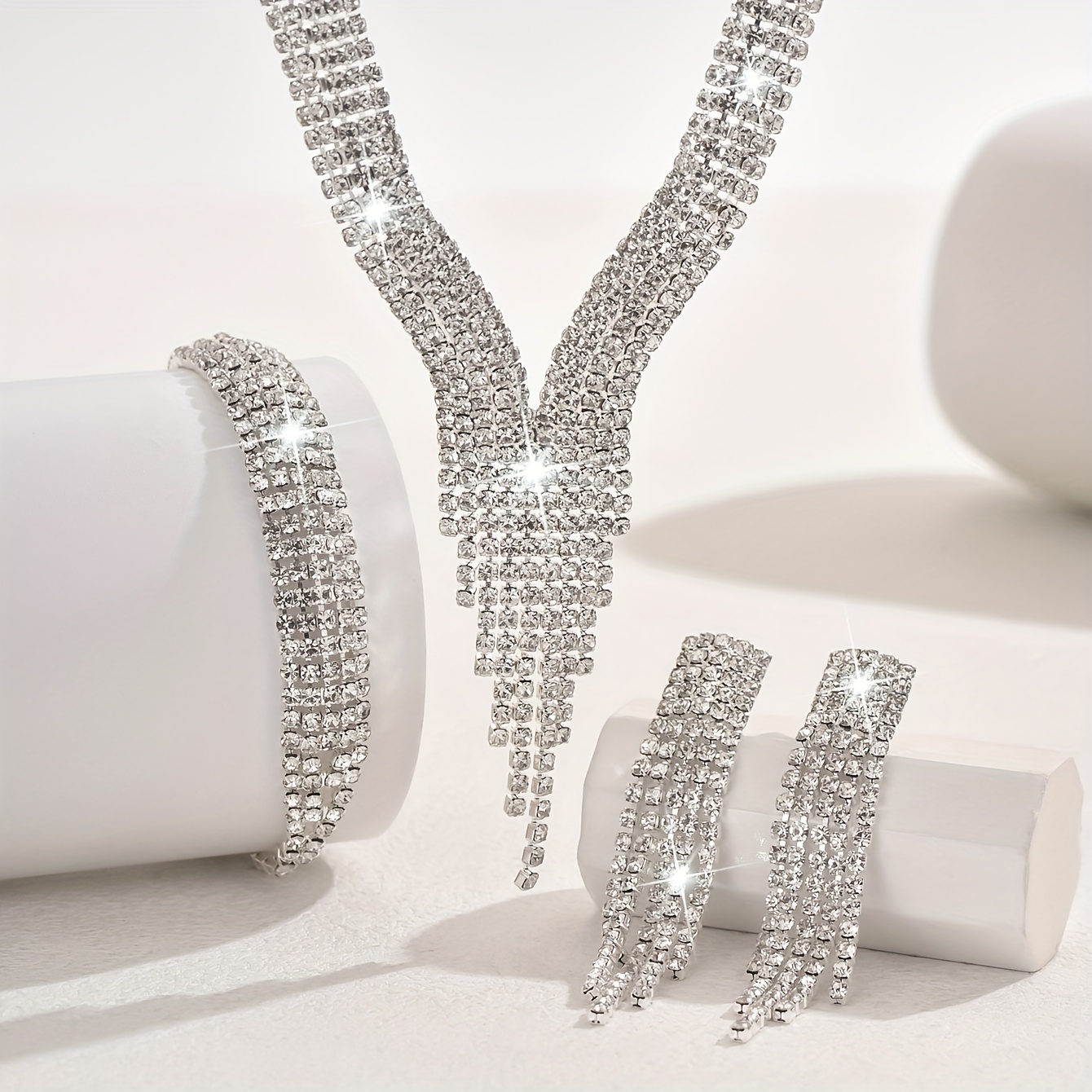 Image of Ladies' Jewelry Set With Tassel Necklace, Earrings, And Bracelet | Rhinestone-encrusted, Silver Plated, Copper Base, Ideal For Party And Banquet Occasions