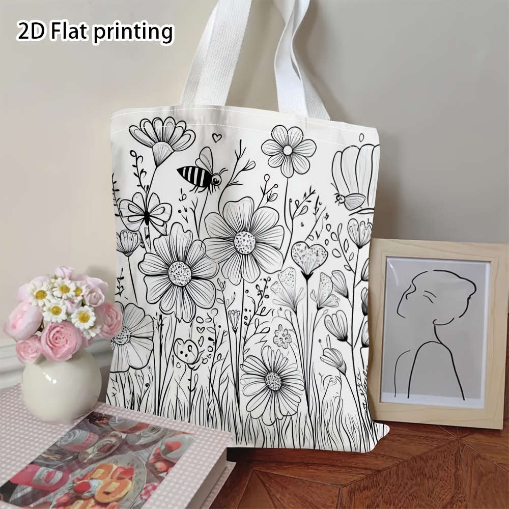 TEMU 1pc Two-sided Floral Handbag Suitable For Daily Use & Travel, Reusable Tote With Multicolor Flat Print, Non-closing , Yiwu-, Shopping, - &