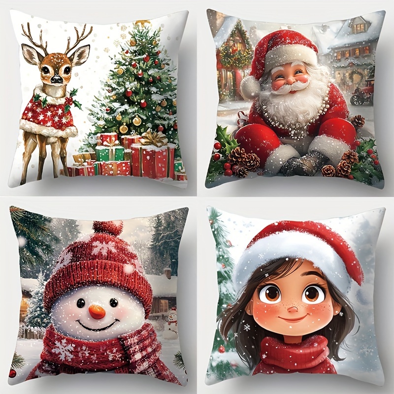 

4pcs Christmas Set - , Red & Cushion Santa, Snowman, For Decor (inserts Not Included)