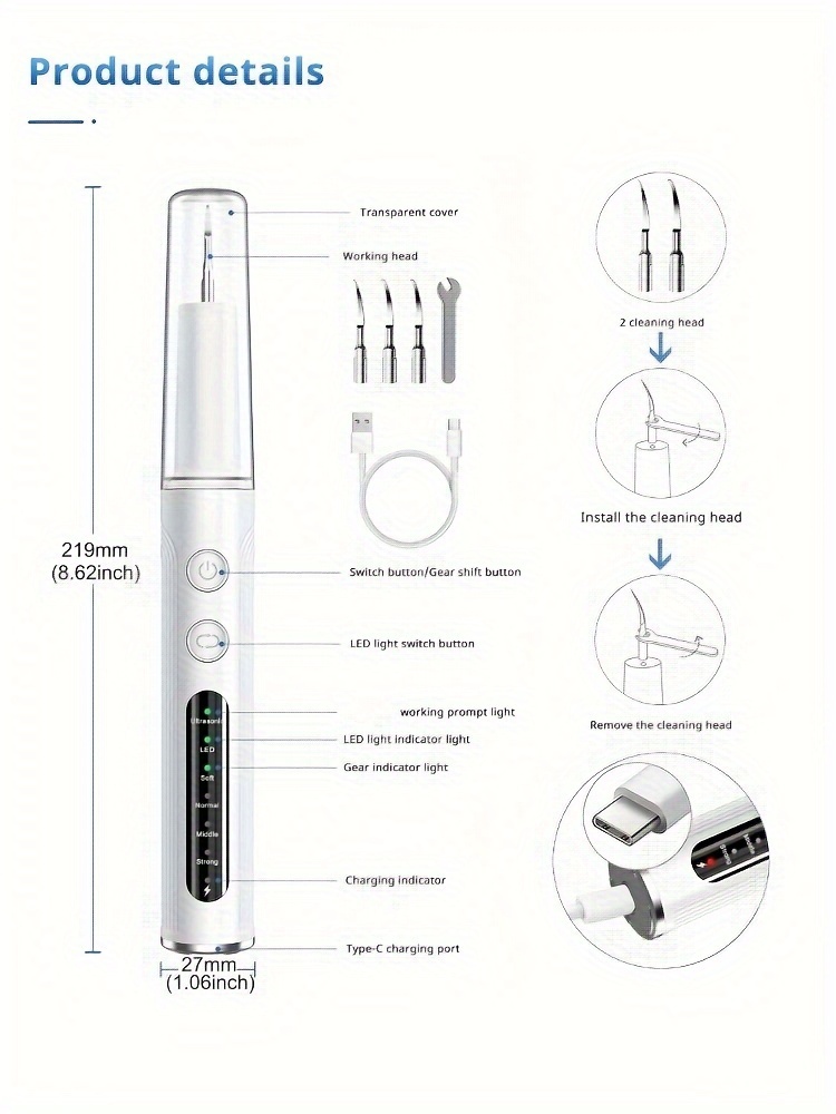     teeth cleaning kit rechargeable plaque tartar remover with led light stainless steel dental tools     white details 6