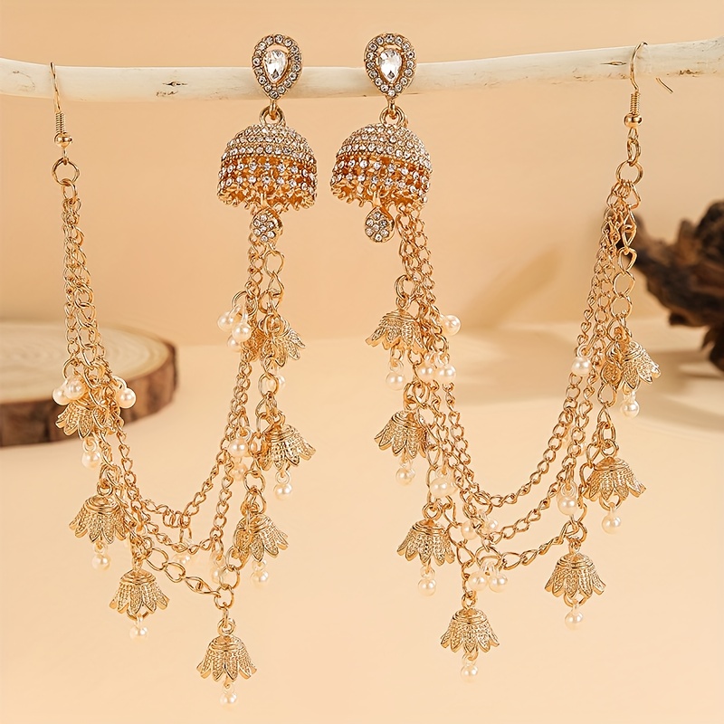 1 set of fashionable jhumka set detachable gorgeous inlaid   earrings bell imitation pearl tassel earrings hair additions earrings combination set variable 4pcs long chain indian jewelry suitable for womens daily festival