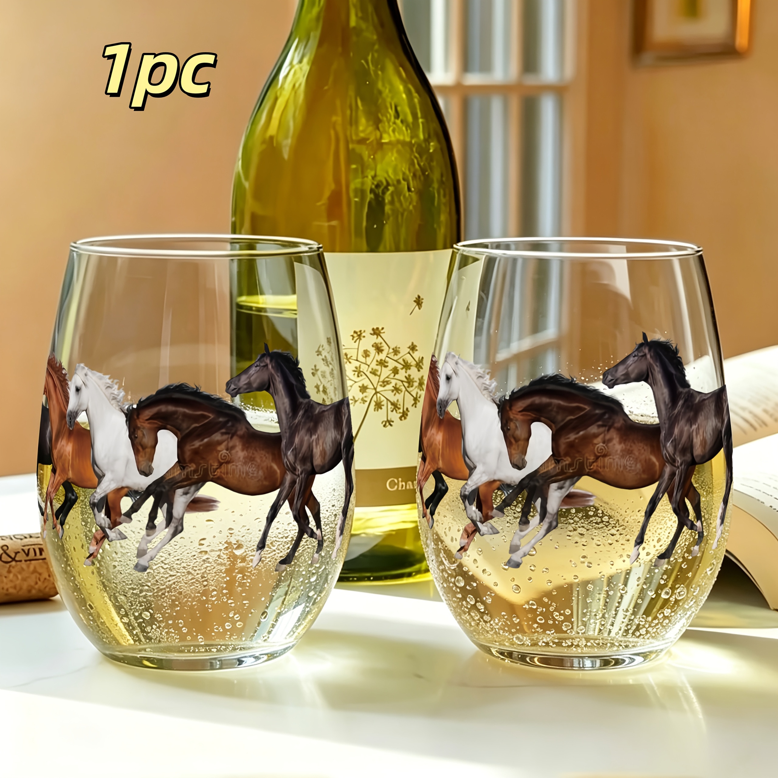 TEMU 1pc Horse Pattern, 350 Ml Egg-shaped Glass, Water Cup, Stemless Wine Glass, Champagne And Whiskey Glass, Scratch-resistant, Reusable Machine