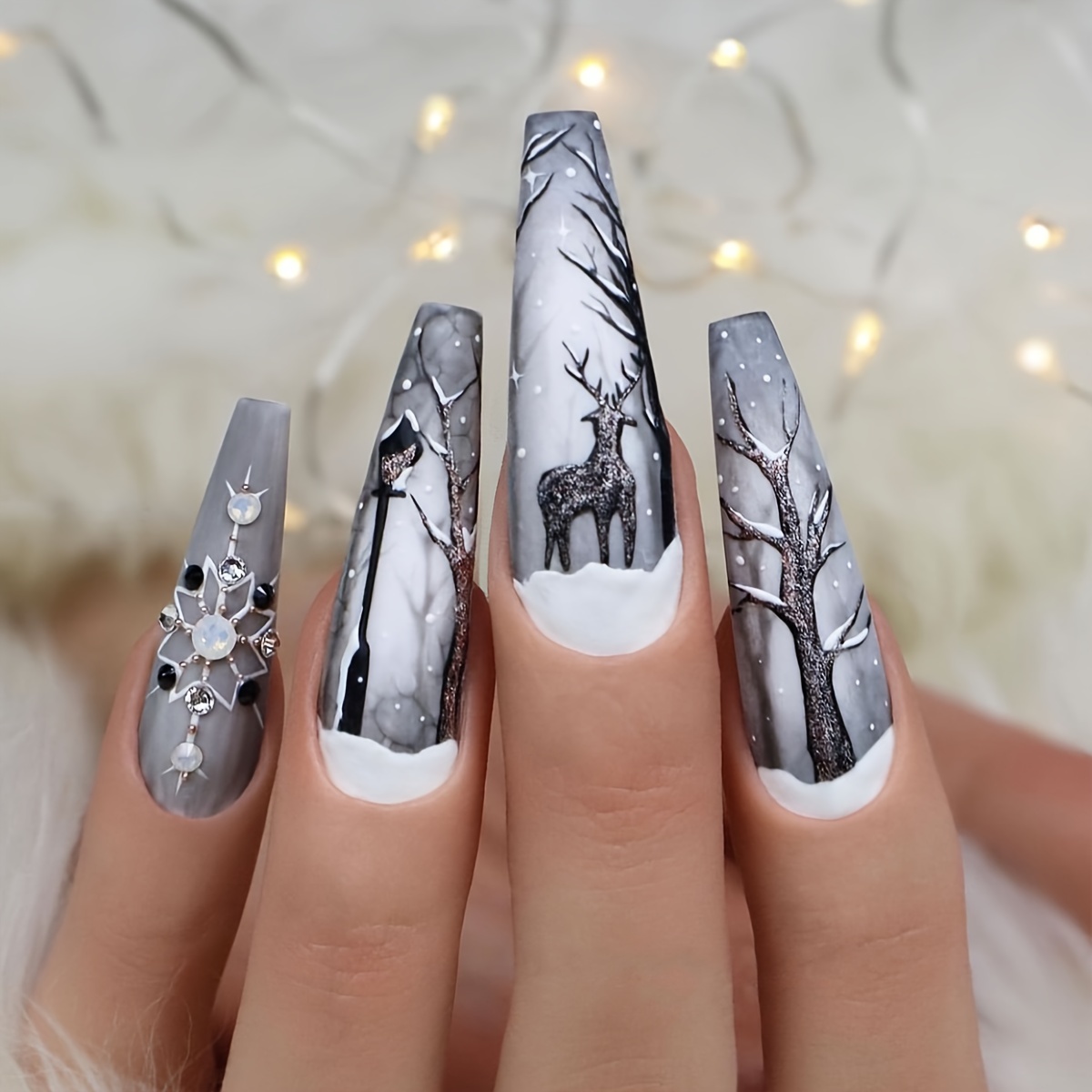 

24pcs 1 Set Long Patch Nails, Christmas New Product Long Trapezoidal Nail Art With Grey Print, Light Luxury Pearl Wearing Armor, Detachable Fake Nail For Women's Manicure