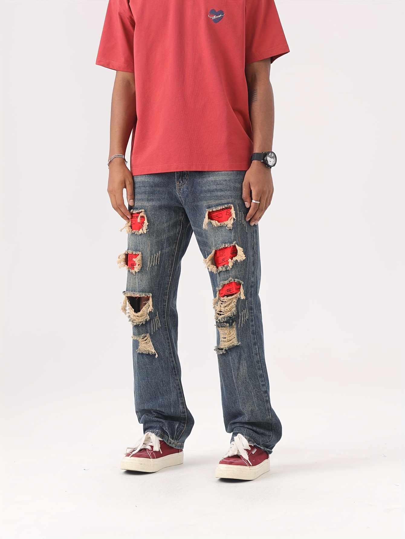 black ripped jeans mens red patch design elastic fit Temu
