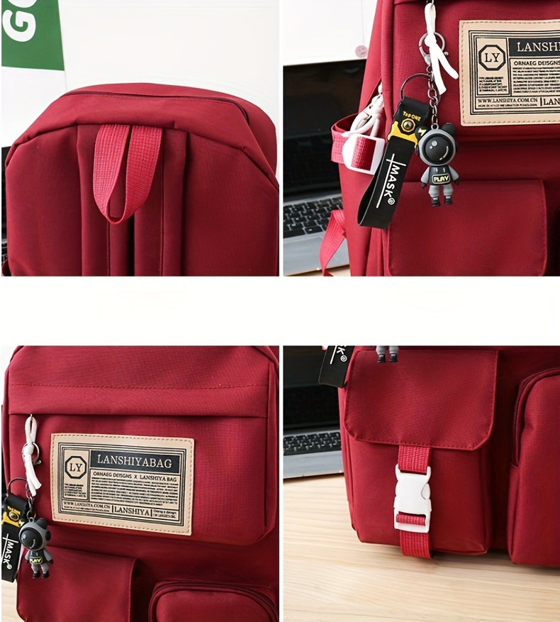 5pcs Solid Color Backpack Set, Large Capacity Double-ShoulderBag, Simple Tote, Pencil Bag, Casual Crossbody, Lightweight Student Shoulder Bag.