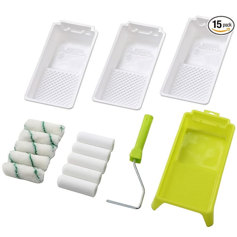 Paint Roller Tray 15pcs Set, 4-inch Roller Frame With 5 High-density Sponge Covers, 5 White-bottom Green-striped Polyester Fleece Covers, 1 Green Tray, 3 Disposable Pp Trays