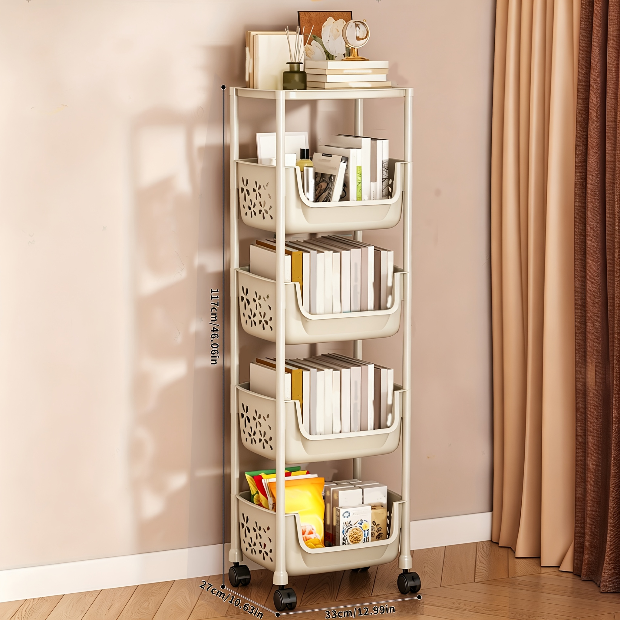 Image of 1pc Khaki Storage Car, Storage Shelf With Wheels, Kitchen Storage Shelf, Spice Bottle Rolling Storage Shelf, Toy Snack Shelf, Finishing Artifact For Bathroom, Living Room, Kitchen
