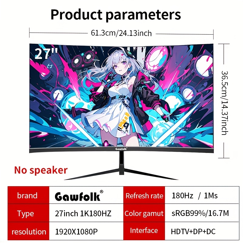 Image of Gawfolk 27-inch Monitor 1k180hz, Pc Screen Full Hd 1920*1080p Resolution, Speakerless, Frameless 1800r Computer Monitor With Freesync And Eye Protection Technology, Vesa Support