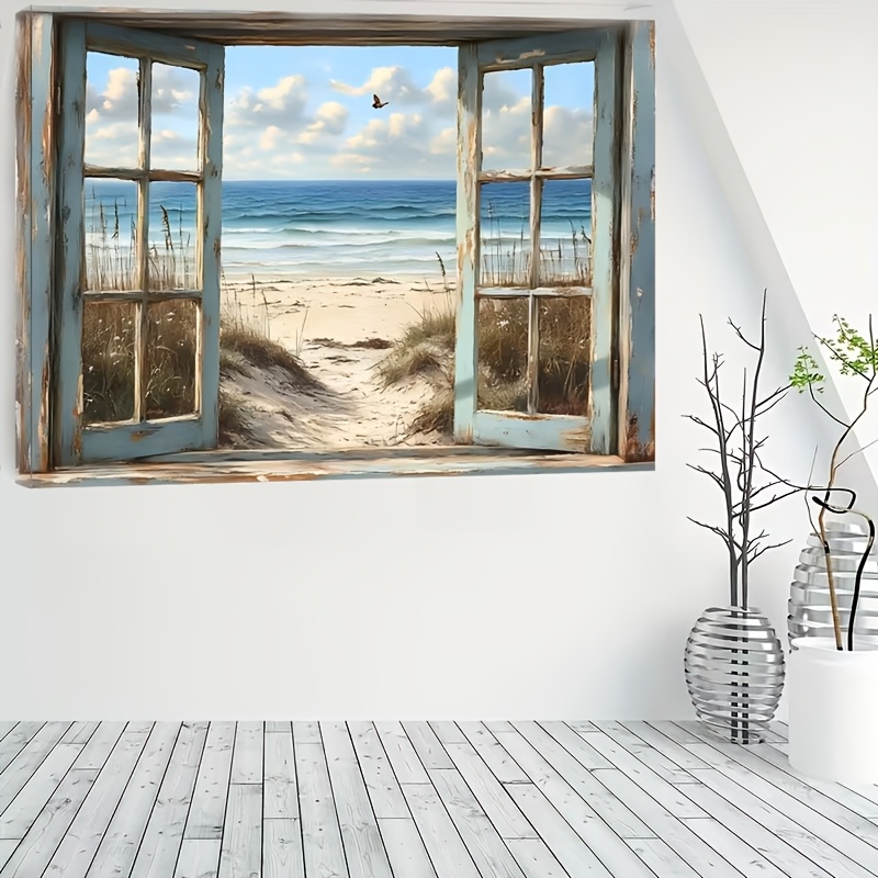 1pc Window Wall Art Sticker, Through Rustic Window Wall Decal, Fun Home Decor Accessory For Beach Lovers, Beach Bathroom Decor, Ocean Scene Design, Easy Application Material