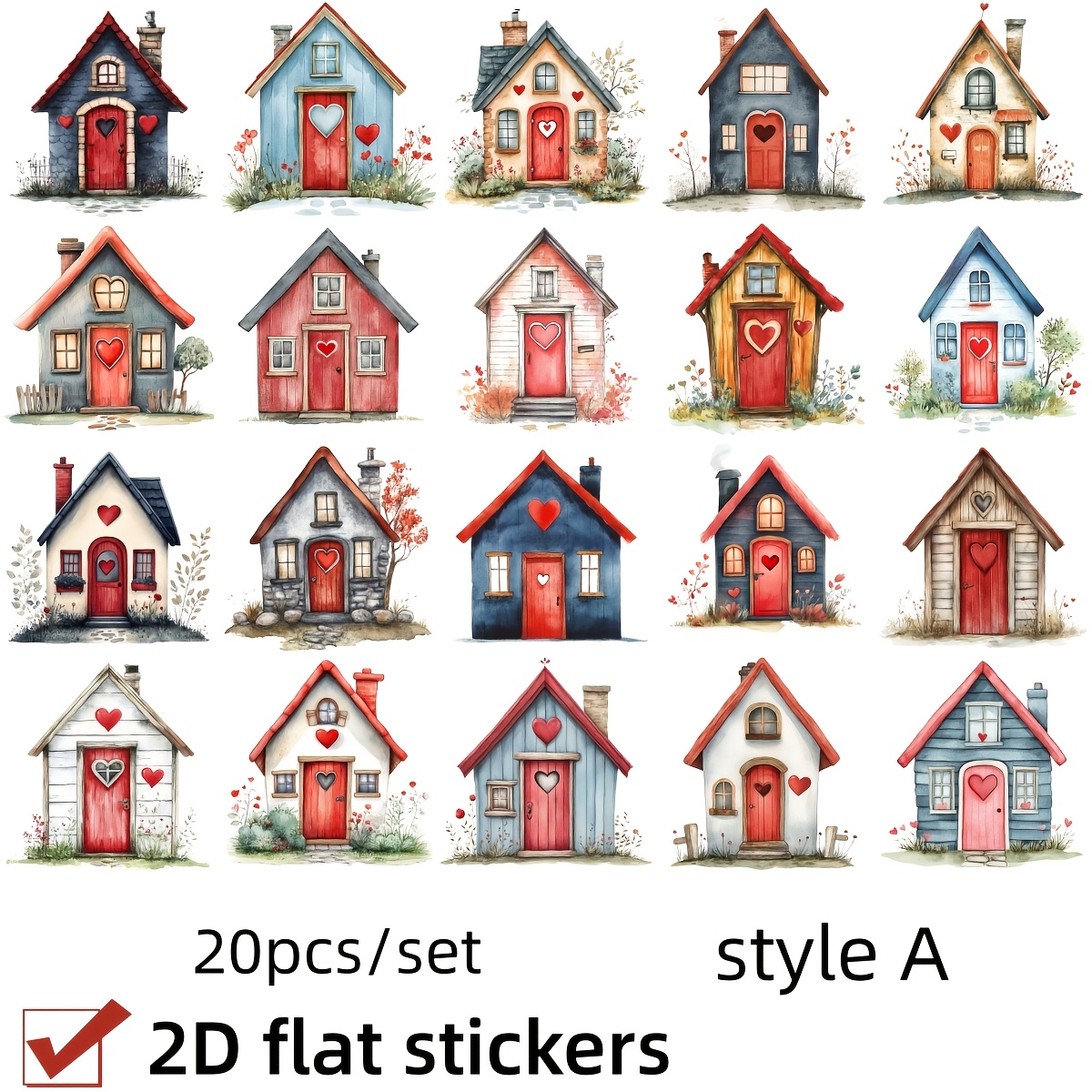 2d Flat Stickers, 20pcs Set - Cozy Cottage Series Stickers, 2d Flat
