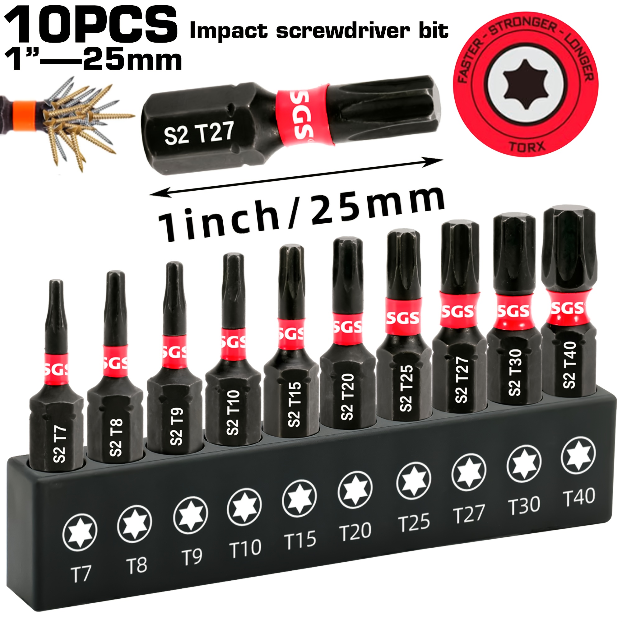 E-shop 10-tlg. 25 mm Torx-Schlagschrauber-Bit-Set, S2, 61 HRC hohe Härte, starke magnetische Anziehung für präzisen Halt, rostbeständig, schlagfest,