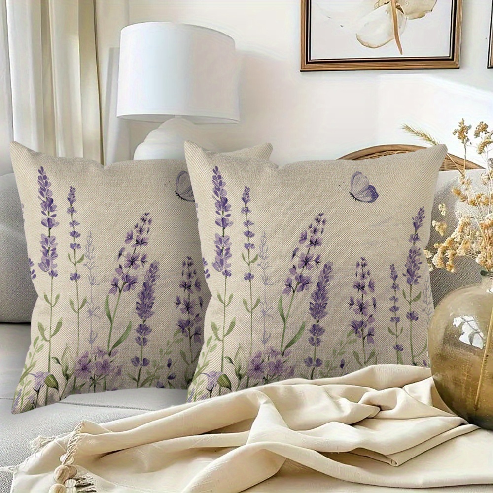 Image of Spring Lavender Pillowcase 17.72x17.72 Inches 2pcs Set, Purple Floral Throw Pillow Cover, Summer Watercolor Floral Decor, Cushion Cover, Farmhouse Home Decor, Sofa Outdoor, Single-sided Printing