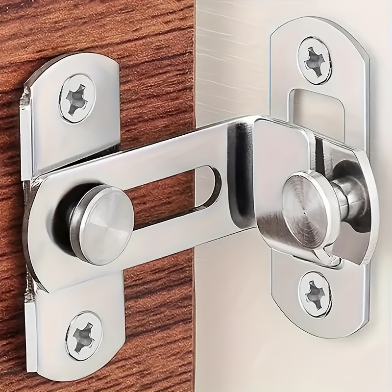 

A Door Locking Mechanism Stainless Steel With A 90-degree Angle, Used For Securing Doors As Cabinets, Wooden Doors, Barn Doors, Etc., By Sliding A Bolt Into Place And Securing A Pin.