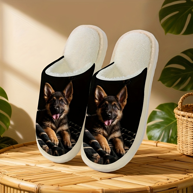 TEMU The Adorable German Shepherd Puppy Slippers Feature A Design With The Puppy Sticking Out Its Tongue Against A Background. Are Soft, Warm, And