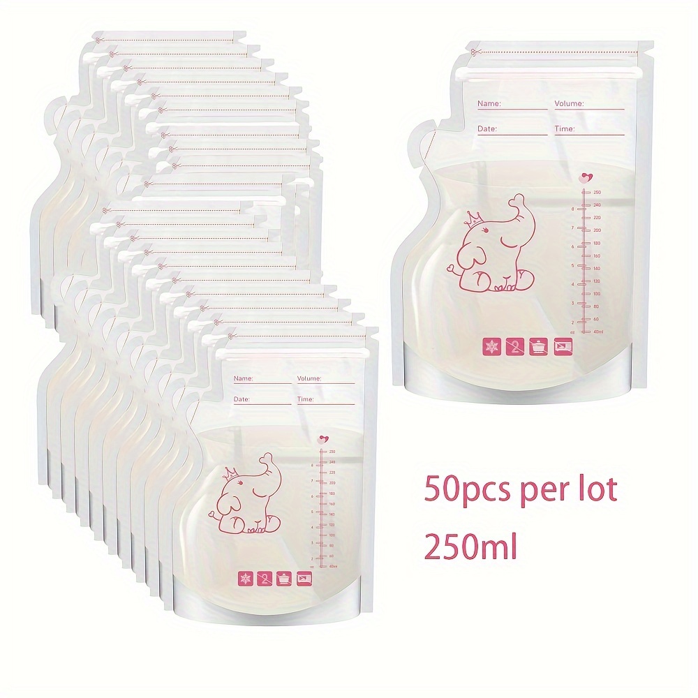 

50pcs Baby Breast Milk Storage Bags, 250ml, Bpa-free Pet, Leak-proof Zipper Seal, Pre-sterilized, Double Scale, Cartoon Elephant Design, 0-3 Years