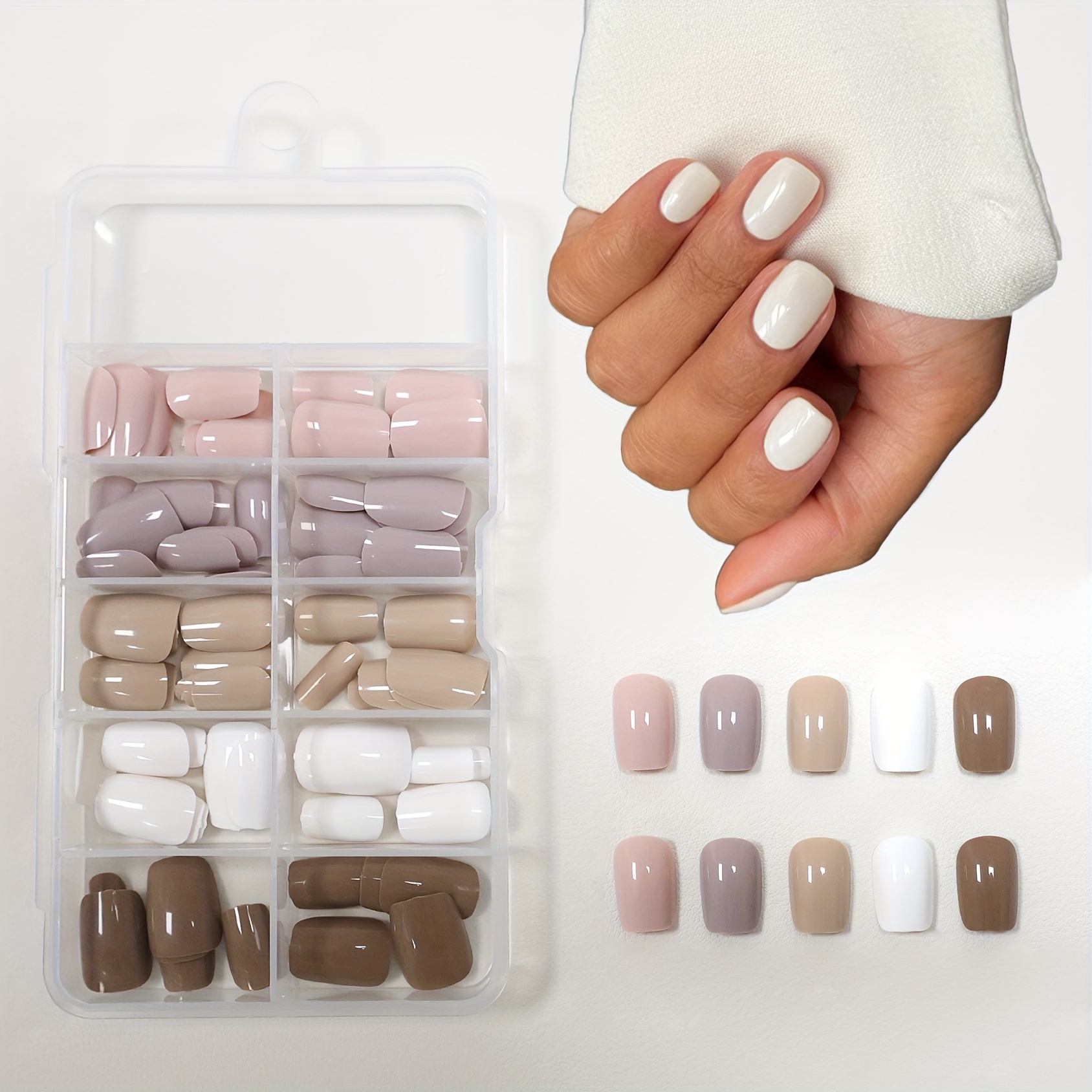 

Yeses 150 Pieces 5 Colors Short Square White, Beige, Brown Press-on Nail Tips With Glossy Finish