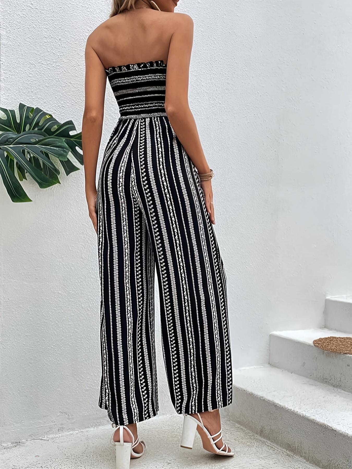 Women's Strapless Black White Striped Wide-Leg Jumpsuit Geometric Print  Elastic Waist Machine-Washable Vacation Collection Outfit, Ladies