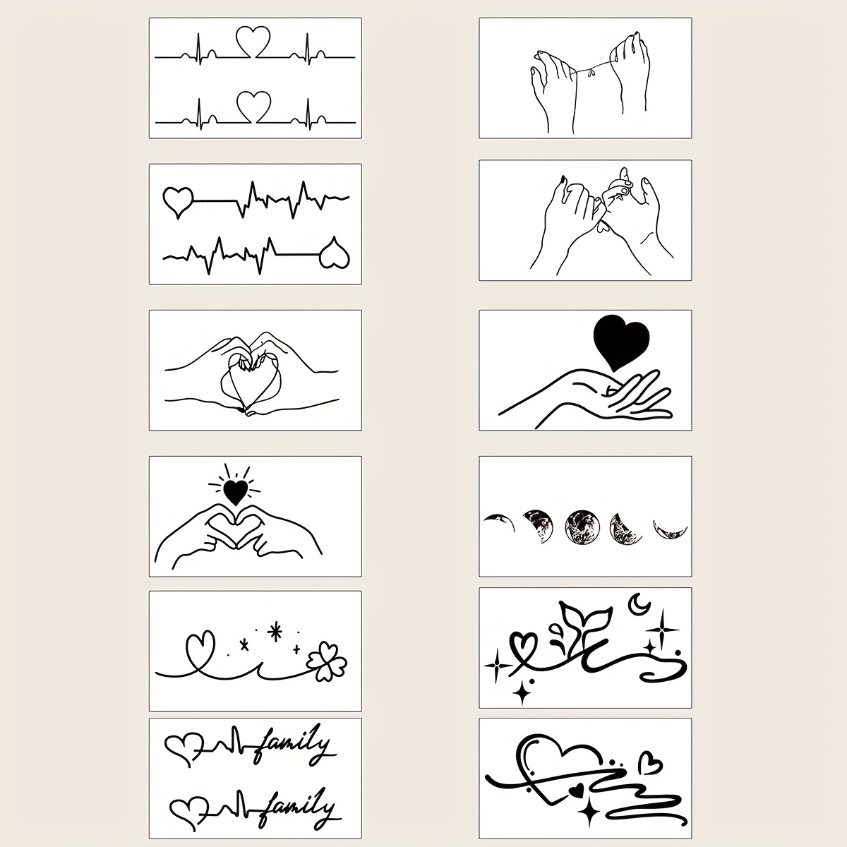 Image of 12pcs Herbal Semi-permanent Tattoo Stickers - Designs For Couples, Waterproof & Non-reflective, Lasts 7-14 Days, Perfect For Wrist, Shoulder, Neck, And Clavicle, Family & Heart