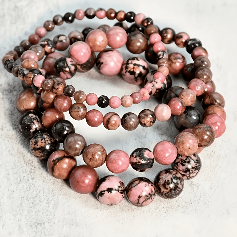TEMU 4pcs Black-lined Rhodochrosite Bracelet Set, Simple Yet Elegant, Stylish And Exquisite, Perfect For Casual Attire Or As A Gift For On Holidays.