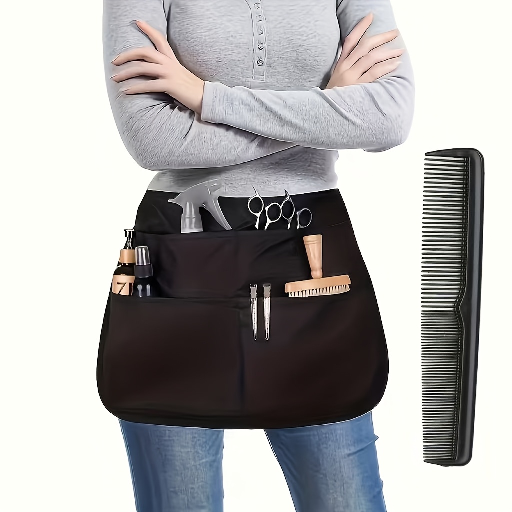 TEMU 2pcs Set (apron + Comb), 5 Large Pockets Design, Black Stylist Apron, Bleach Resistant, Waist-length, Ideal For Salon & To Carry Tools