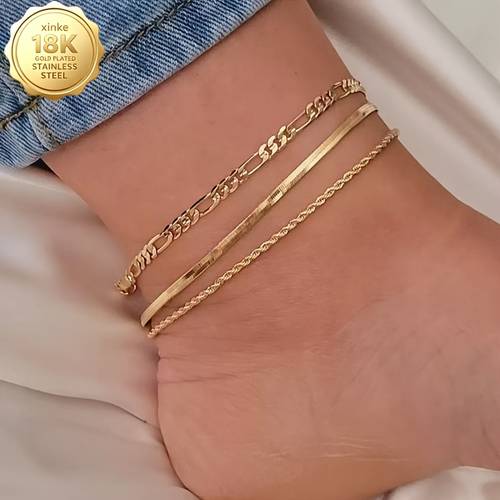 3pcs 18k golden plated stainless steel anklets for women elegant luxury non fading womens jewelry set suitable for daily party wear birthday gifts gifts for women