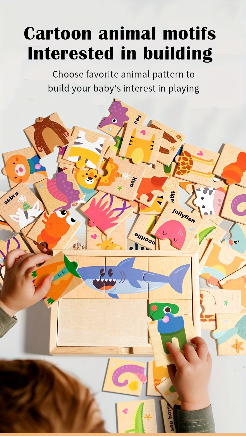 益智认识动物和形状木质新动物拼图玩具， 颜色和形状的认知技能学习，色彩鲜艳的动物形状，是玩具礼物 商品详情 2