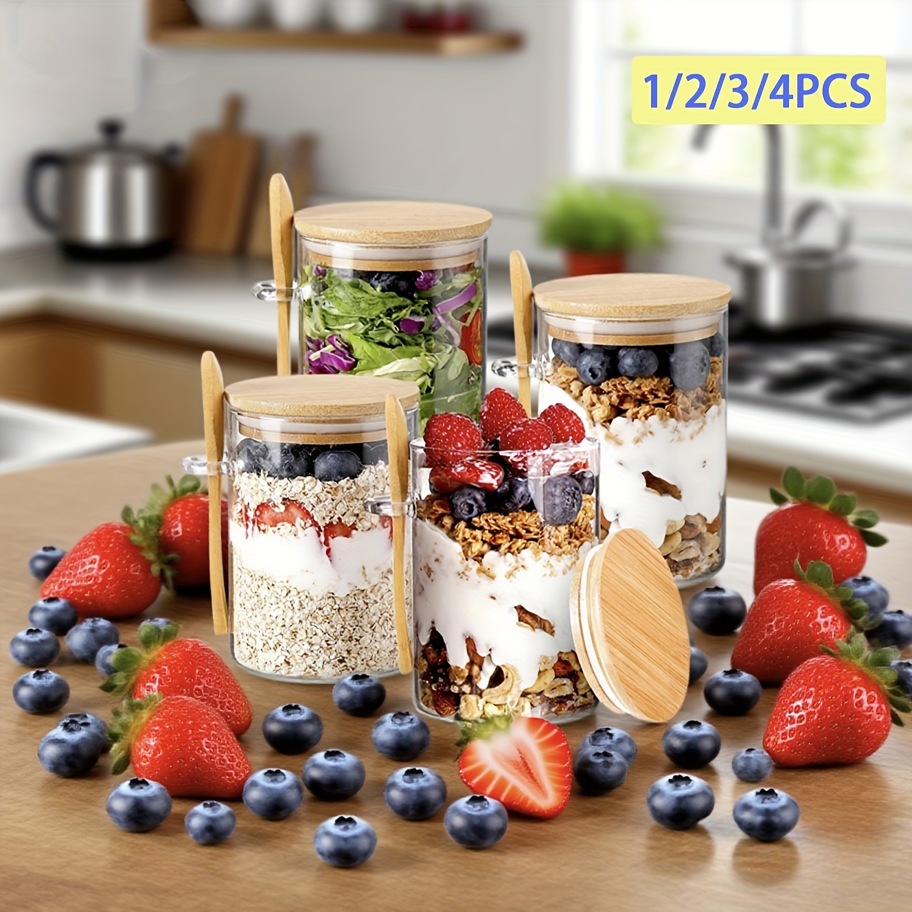 1/2/3/4pcs, 600ml Glass * Bowl with Lid and Spoon, Breakfast Oatmeal Cup,  Salad Bowl, Round Sealed Storage Container, Food Organizer for Kitchen,  Transparent Reusable Glass Containers, Suitable for ...