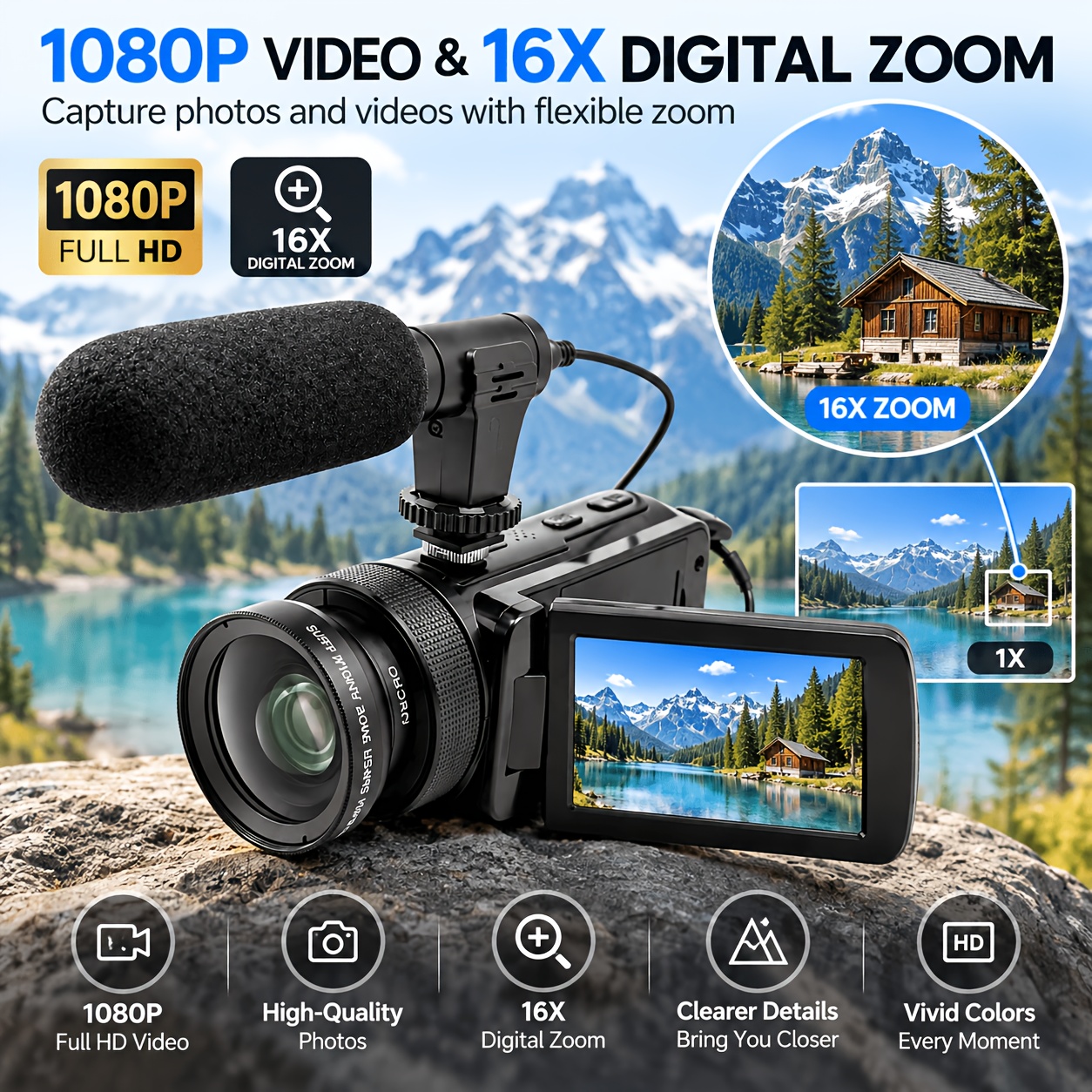 TEMU Professional 1080p Hd Digital Camera, Large Hd Display, High Power Optical Zoom, Cmos Sensor, Built-in Microphone, Portable Camera For Home