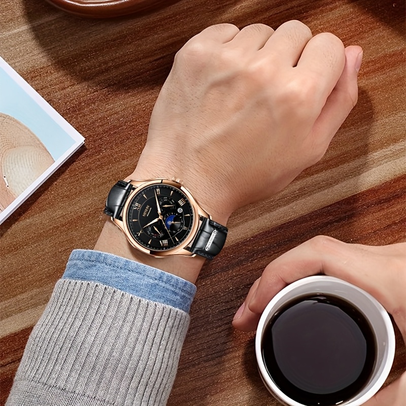 Men's Multifunctional Stainless Steel Mechanical Watch with Leather Strap