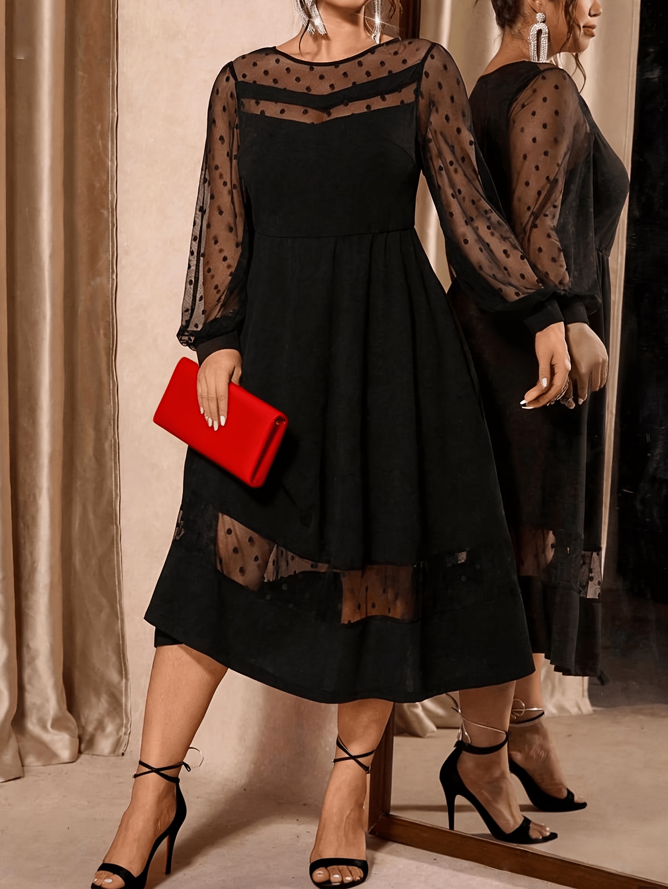  taille - taille - taille col rond transparent élégant robe longue manches longues Détails du produit 0