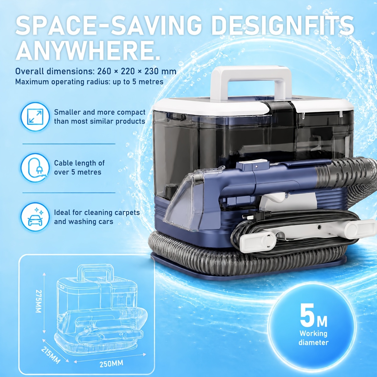Honki 2026 New 30kpa Portable Carpet, 2l+0.75l Dual Water Tank, 5.0-metre Power Cord Space- Design, With Self-cleaning Function And Long Hose Stain Removal, For Carpets, Sofas & Cars