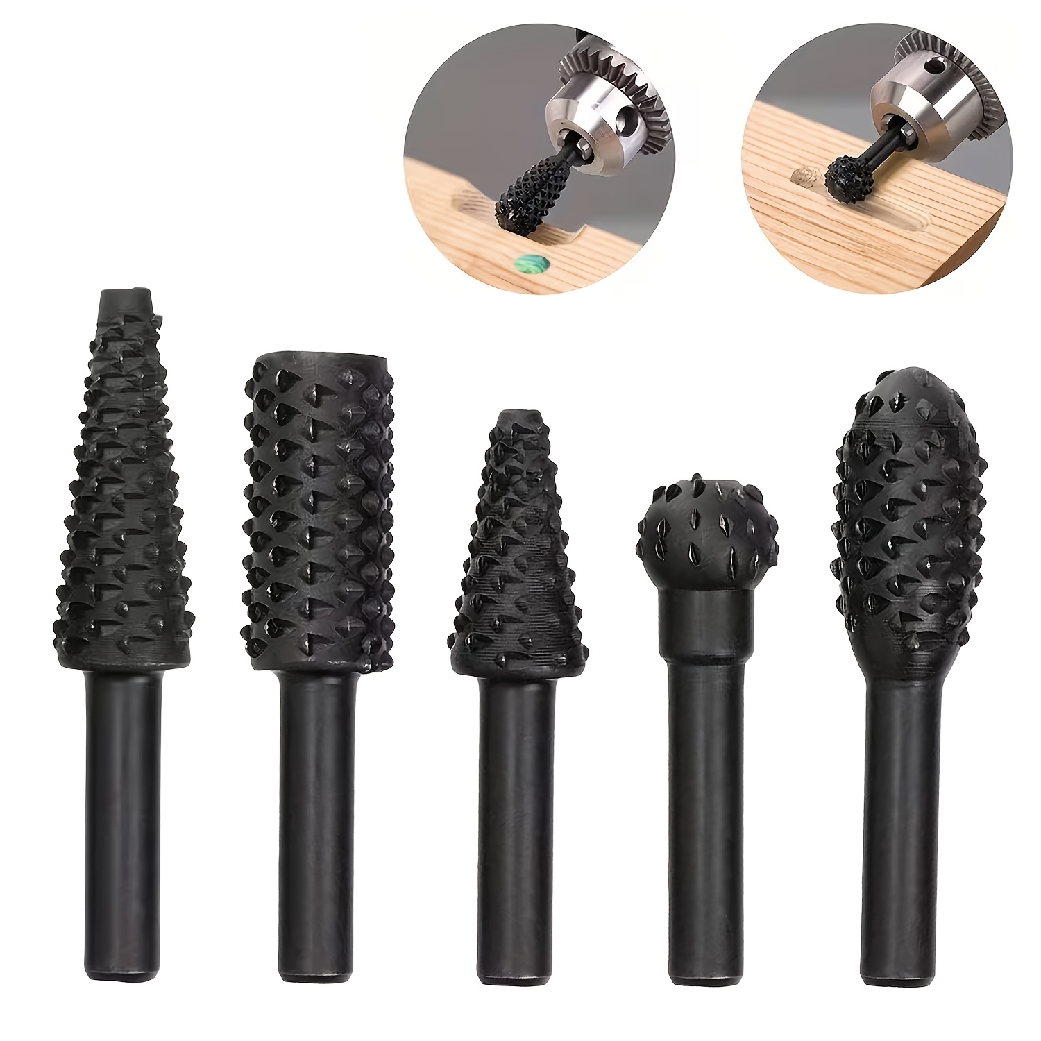 5 Pack High-carbon Steel Wood Carving Rotary Files Set, Tapered Drill Bits For Craft, Rotary Burr Set For Electric Grinding And Polishing, Non-center Cutting Tool Kit With Assorted Shapes