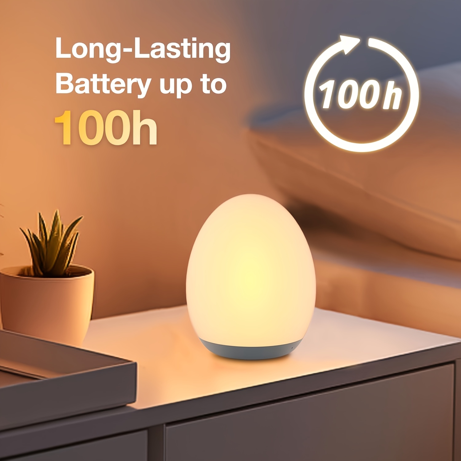 Genopladeligt ægformet natlampe med 7 farvetilstande, justerbar varm hvid LED, velegnet til teenagervækkelse, touch-kontrol og timer - op til 100 timers batterilevetid