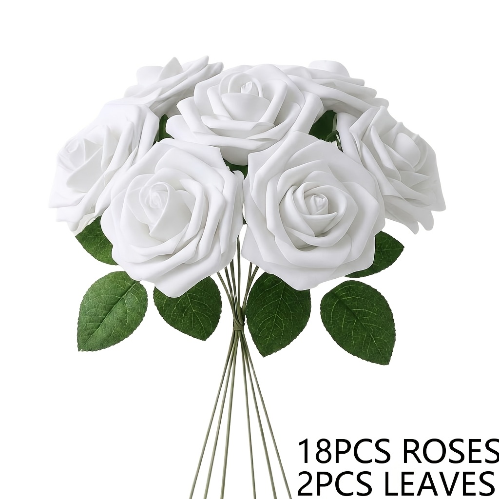 TEMU 20pcs Set: 18 Stemmed Roses And 2 Leaves, White Pe Material Soft Artificial Roses, For Wedding Engagement Decor, Diy Handmade Bouquets, Gift