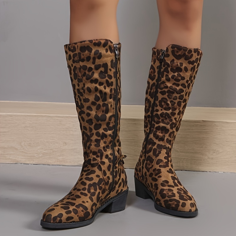 

Women's Chunky Heel Leopard Print Boots, Fashion Side Zipper Mid Calf Boots, Women's Comfortable Boots