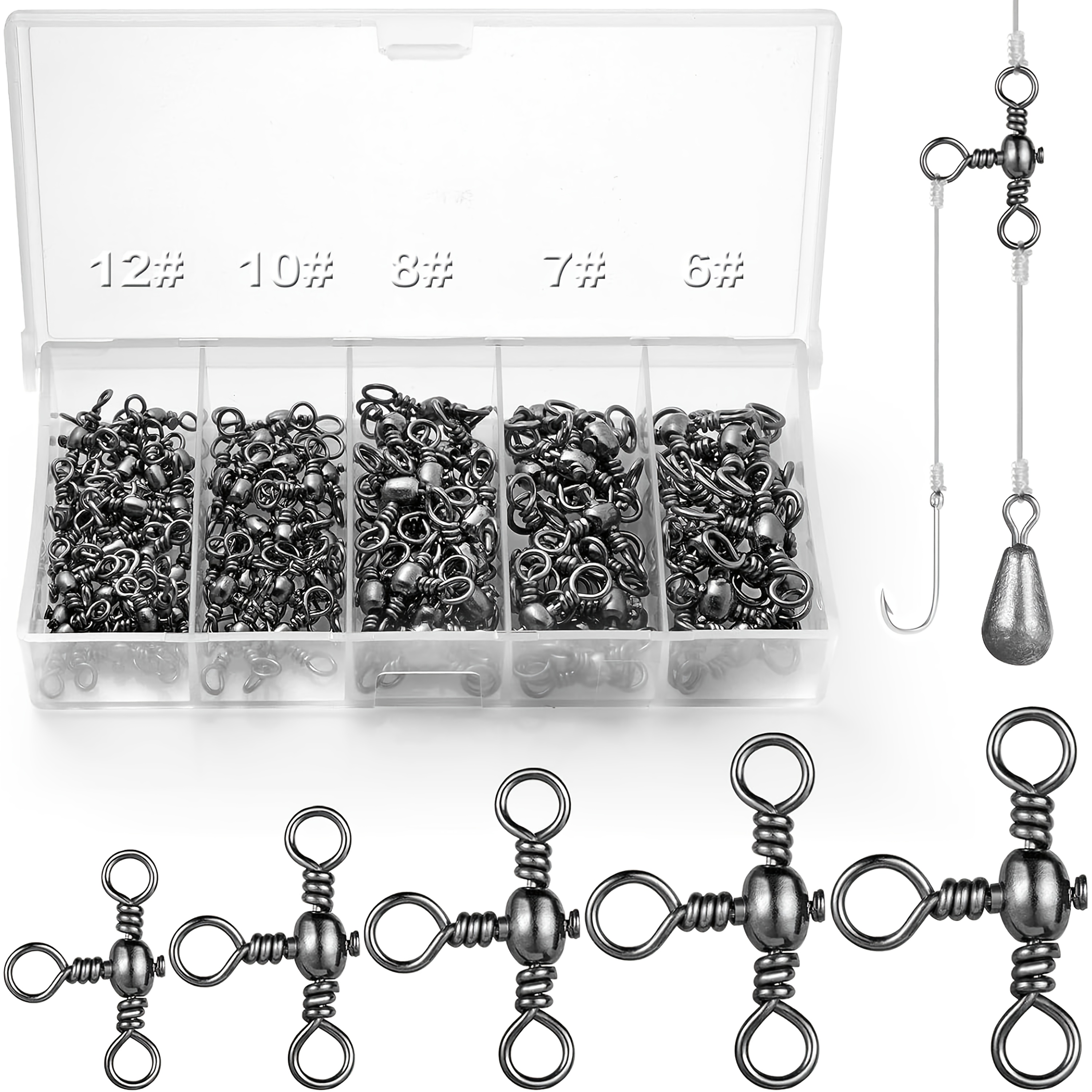 TEMU Confezione da 100 a 3 Vie in Acciaio al Carbonio, Misure Assortite 6#-12# (6/7/8/10/12), a Forma di T per Montatura da Pesca in Acqua per Pesce