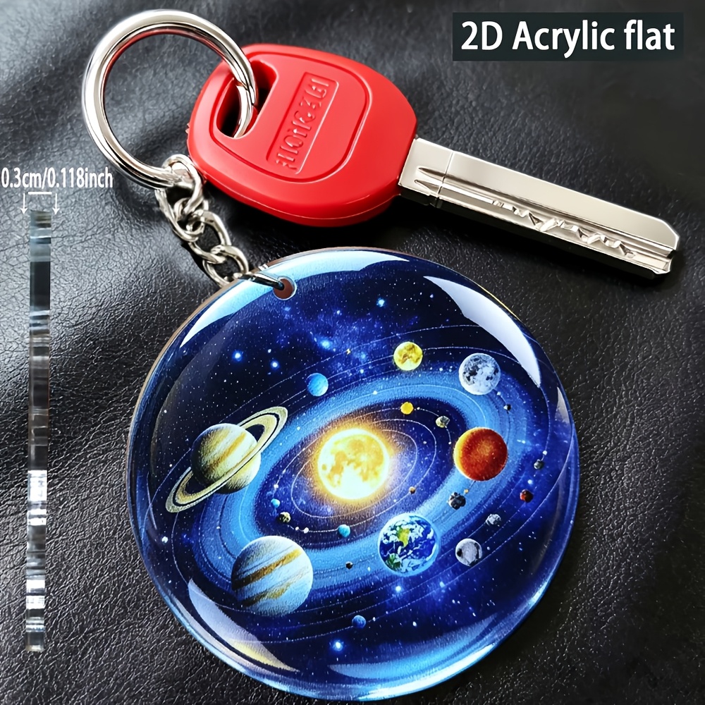 TEMU Portachiavi 2D piatto - Portachiavi multifunzionale 2D piatto Solare Pianeti, Ciondolo portachiavi spaziale per auto, Ciondolo decorativo per