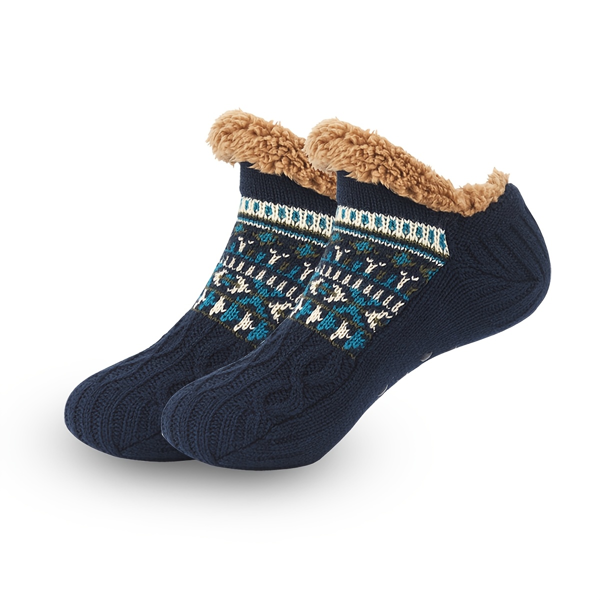 Non-slip Men's Cozy Knit Slipper Socks - Warm Fleece Lined Indoor Floor Socks With Geometric Pattern